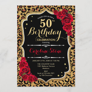 Invitación 50.º cumpleaños - Impresión de leopardo de las ros