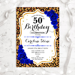 Invitación 50.º cumpleaños - Impresión de Leopardo de oro azu