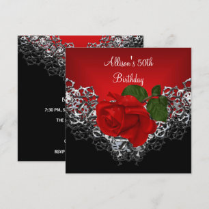 Invitación 50.º cumpleaños Lace Black Silver Rosa Profunda