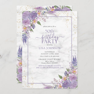Invitación 50.º cumpleaños Lavanda Lilac Marble Oro Botánico