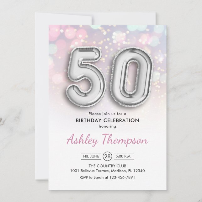 Invitación 50.º cumpleaños - Luces rosadas de globos plateado (Anverso)