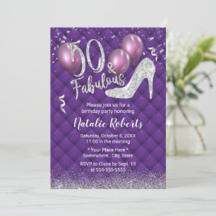 Invitación 50.º Cumpleaños Lujo Morado y Plata Fabuloso 50