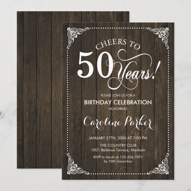Invitación 50.º Cumpleaños - Madera Rústica (Anverso / Reverso)