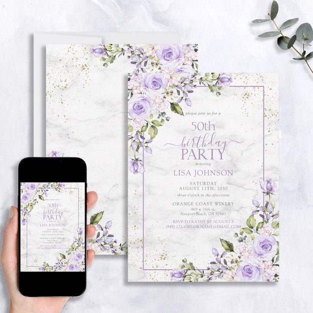 Invitación 50.º cumpleaños Mármol acuático Lilac Lavender (Subido por el creador)