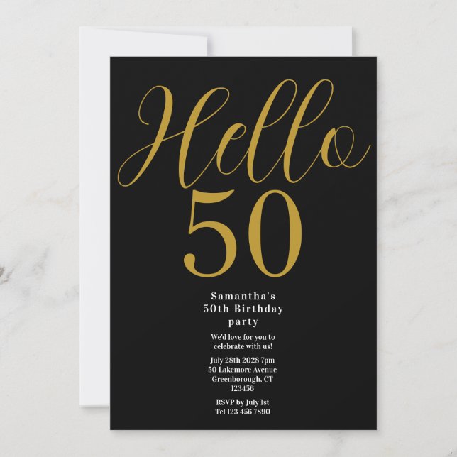 Invitación 50.º cumpleaños moderno de oro negro (Anverso)