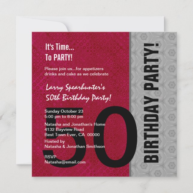 Invitación 50.º cumpleaños Moderno de plata roja negro C947 (Anverso)