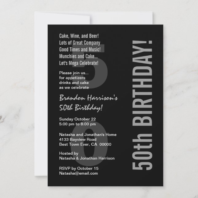 Invitación 50.º cumpleaños moderno plata blanca negra V31 (Anverso)