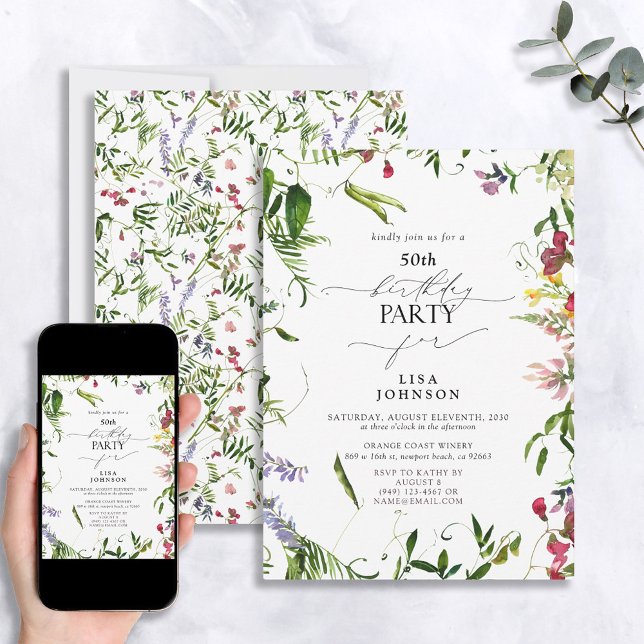 Invitación 50.º Cumpleaños Moderno Verano Flor Silvestre acua (Subido por el creador)