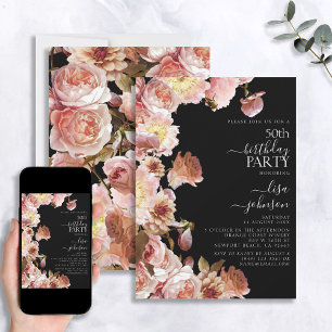 Invitación 50.º cumpleaños Moody Black Script Floral