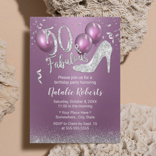 Invitación 50.º cumpleaños Morado moderno y Plata Fabuloso 50