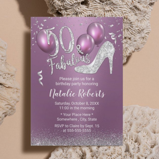 Invitación 50.º cumpleaños Morado moderno y Plata Fabuloso 50 (Subido por el creador)