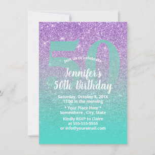 Invitación 50.º cumpleaños Morado moderno y Purpurina Verde a