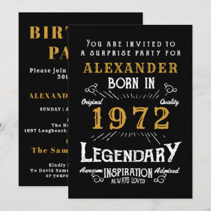 Invitación 50.º cumpleaños Nacido 1972 Black Gold Retro Vinta