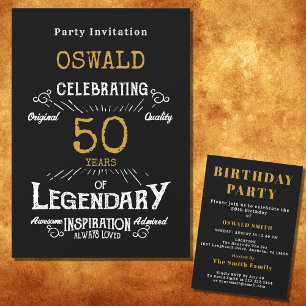 Invitación 50.º cumpleaños Nacido legendario Black Gold Retro