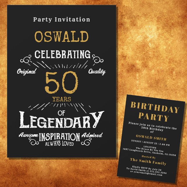 Invitación 50.º cumpleaños Nacido legendario Black Gold Retro (For those celebrating their 50th birthday we have the ideal birthday party invitation)