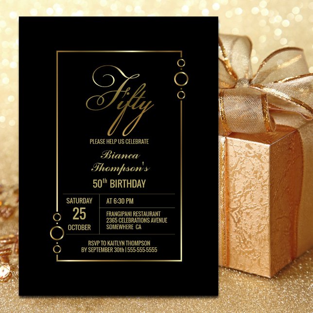 Invitación 50.º cumpleaños negro con Fiesta de marco dorado (Subido por el creador)