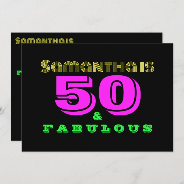 Invitación 50.º cumpleaños Neón 50 y fabuloso (Anverso / Reverso)