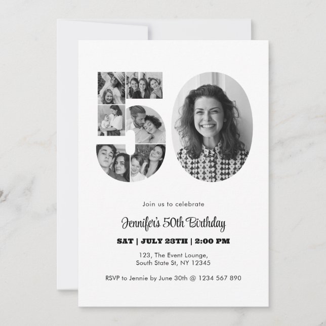Invitación 50.º cumpleaños número 50 Collage de fotos blanco  (Anverso)
