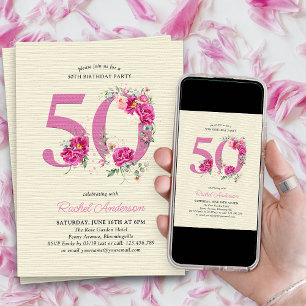 Invitación 50.º cumpleaños número 50 de flores de peonía rosa