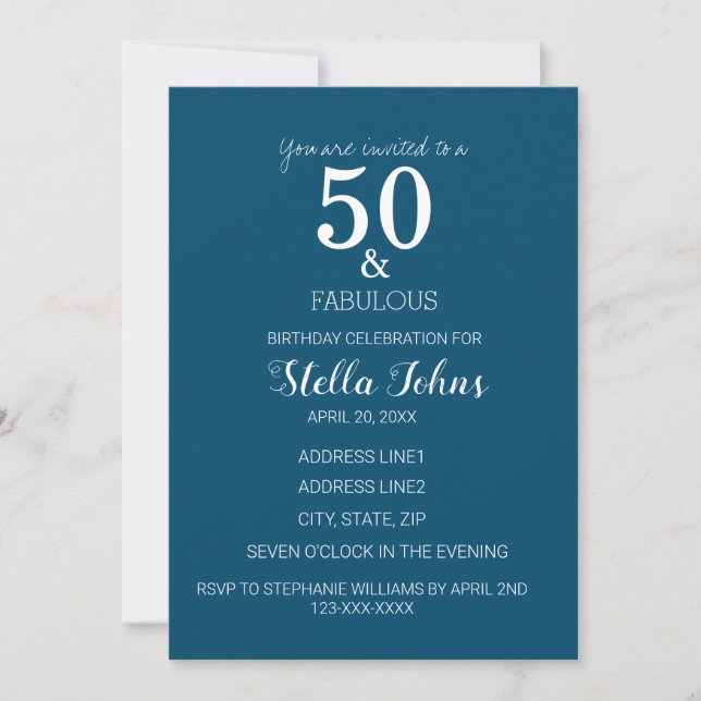Invitación 50.º cumpleaños Océano Azul Azul Elegante Cincuent (Anverso)