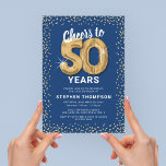 Invitación 50.º cumpleaños Oro Azul<br><div class="desc">Elegante invitación de fiesta de 50 años con un fondo azul de moda que se puede cambiar a cualquier color,  purpurina brillante de oro,  cincuenta globos de hellio de oro y una plantilla de texto moderna de celebración de 50 años que es fácil de personalizar.</div>