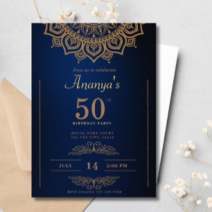 Invitación 50.º cumpleaños Oro Azul Mandala Elegante Simple