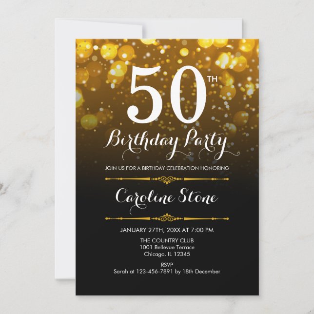 Invitación 50.º cumpleaños - Oro blanco negro (Anverso)