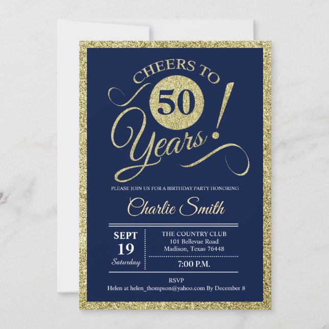 Invitación 50.º cumpleaños - Oro de la Marina CUALQUIER AÑO (Anverso)