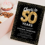 Invitación 50.º cumpleaños Oro Negro<br><div class="desc">Elegante invitación de fiesta de 50 años con un elegante fondo negro que se puede cambiar a cualquier color,  purpurina brillante de oro,  cincuenta globos de hellio de oro y una moderna plantilla de texto de celebración de 50 años que es fácil de personalizar.</div>