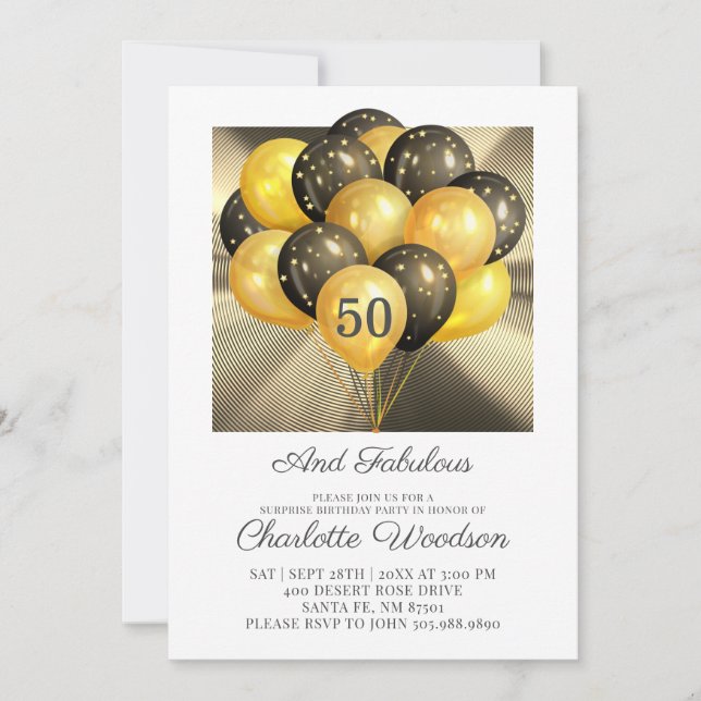 Invitación 50.º cumpleaños oro negro Purpurina metálico (Anverso)