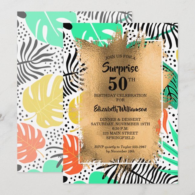 Invitación 50.º cumpleaños Oro y Tropical moderno (Anverso / Reverso)