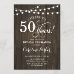 Invitación 50.º cumpleaños - Patrón de madera rústica<br><div class="desc">Invitación rústica a los 50 años. Diseño rústico y sencillo,  con motivos de madera marrón oscura y luces de cuerda de hadas. Caracteriza el tipo de letra del guión. Saludos a 50 años. ¡Se puede personalizar en cualquier edad! Mándame un mensaje si necesitas más personalización.</div>