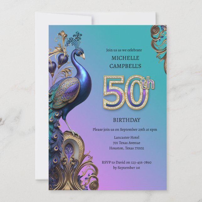 Invitación 50.º cumpleaños, pavo real (Anverso)