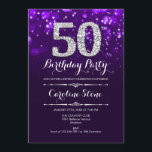 Invitación 50.º cumpleaños - Plata morada<br><div class="desc">50.ª Invitación de cumpleaños. Elegante diseño blanco morado con una falsa plata purpurina. Cumpleaños de adultos. Incluye diamantes y tipos de letra de script. Invitación de cumpleaños de hombres o mujeres. Perfecto para una elegante fiesta de cumpleaños. Mándame un mensaje si necesitas más personalización.</div>