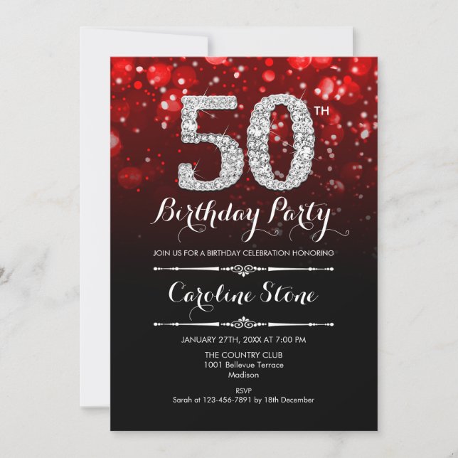 Invitación 50.º cumpleaños - Plata negra roja (Anverso)