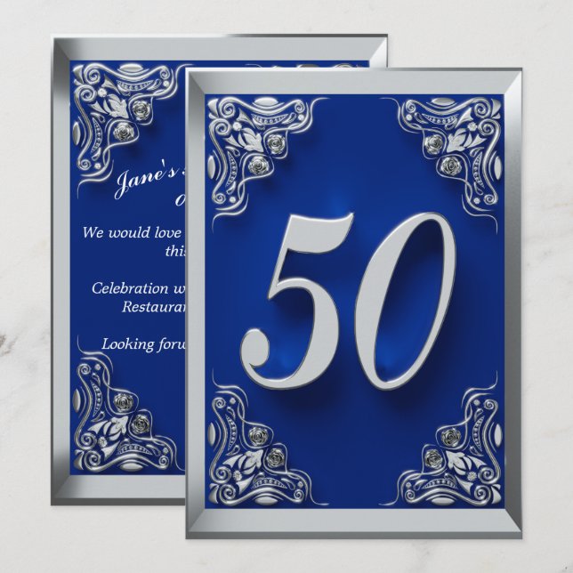 Invitación 50.º cumpleaños Plata Regal y Azul (Anverso / Reverso)