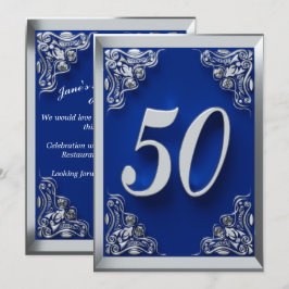 Invitación 50.º cumpleaños Plata Regal y Azul