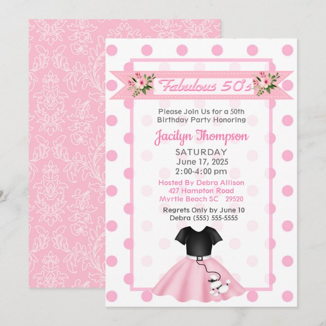 Invitación 50.º cumpleaños Poodle Skirt-Fabulous 50s (Anverso / Reverso)
