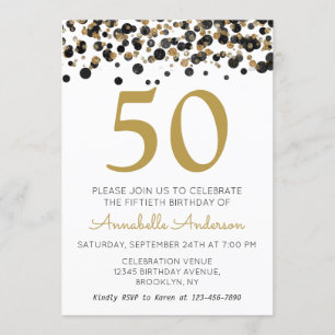 Invitación 50.º cumpleaños Purpurina de oro negro Sparkle Con