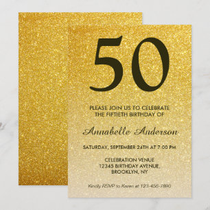 Invitación 50.º cumpleaños Purpurina de oro negro Sparkle Omb