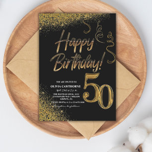 Invitación 50.º cumpleaños Purpurina de oro y negro