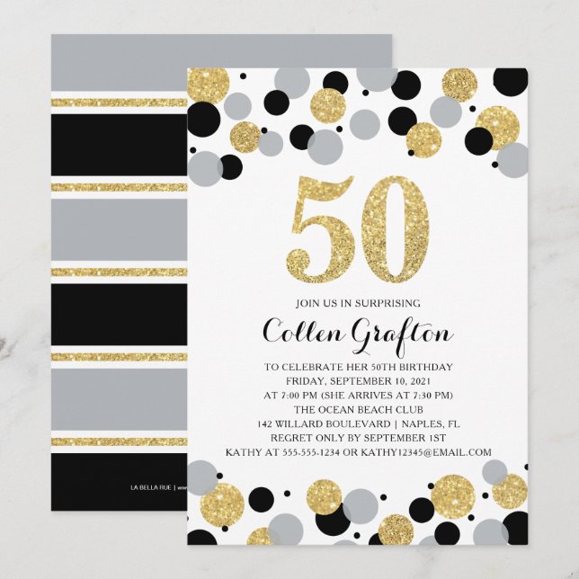 Invitación 50.º cumpleaños Purpurina Gris Oro Negro Confetti (Anverso / Reverso)