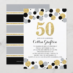 Invitación 50.º cumpleaños Purpurina Gris Oro Negro Confetti