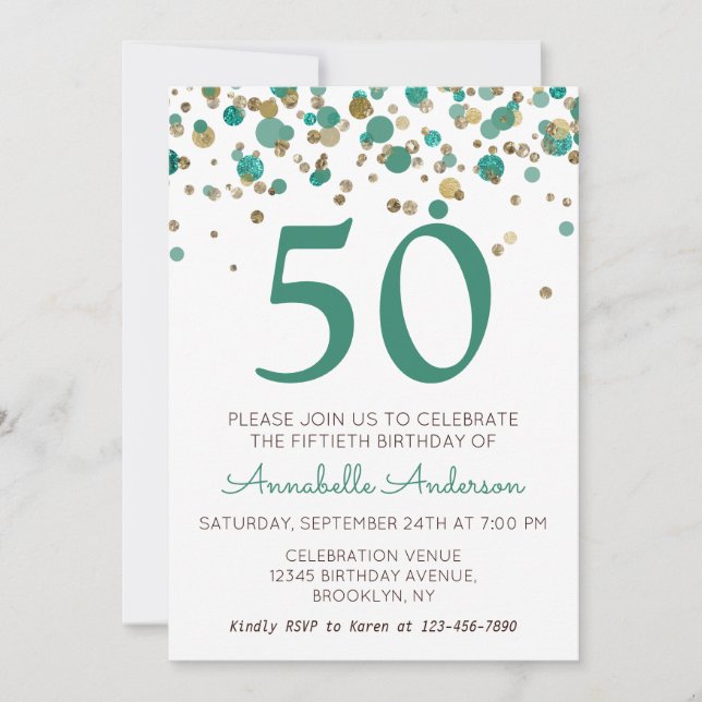 Invitación 50.º cumpleaños Purpurina Verde azulada de oro Spa (Anverso)