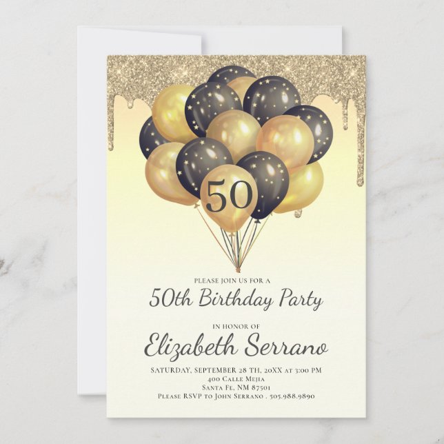 Invitación 50.º cumpleaños Purpurinas de globos negros (Anverso)