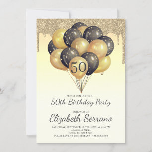 Invitación 50.º cumpleaños Purpurinas de globos negros