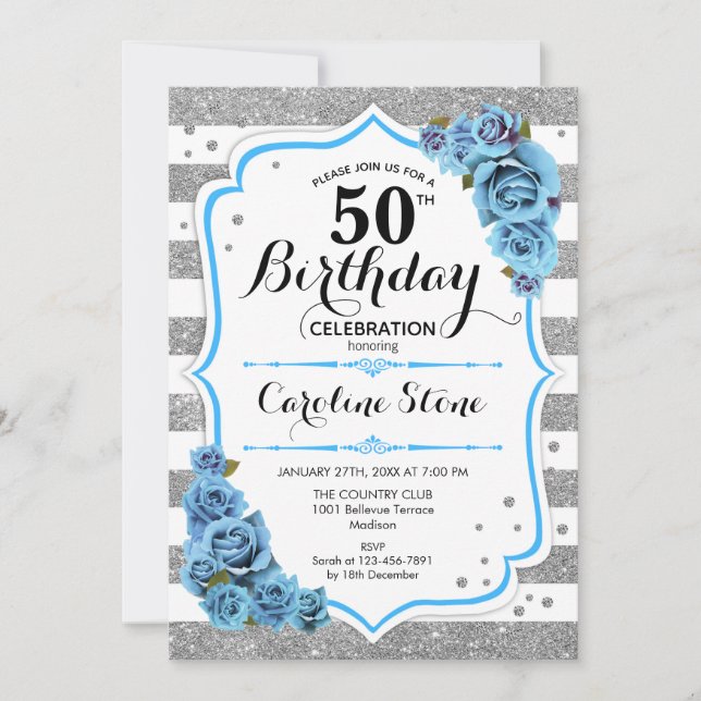 Invitación 50.º cumpleaños - Rayas blancas de plata azul (Anverso)