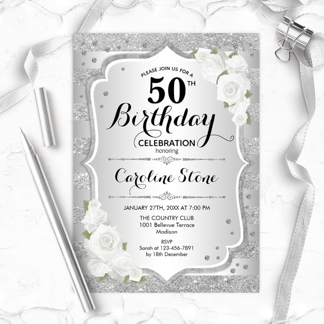 Invitación 50.º Cumpleaños - Rayas Blancas Plateadas (Subido por el creador)