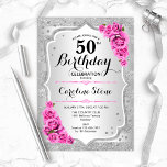 Invitación 50.º cumpleaños - Rayas rosadas de rayas plateadas<br><div class="desc">50.ª Invitación de cumpleaños. Elegante diseño floral en plata y rosa. Presenta rayas de plata purpurina falsas,  letra de guión elegante rosa y confeti. Perfecto para una fiesta de cumpleaños glam.</div>