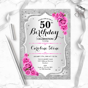 Invitación 50.º cumpleaños - Rayas rosadas de rayas plateadas